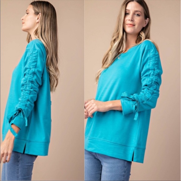 NEW! TEAL SWEATSHIRT WITH CINCHING SLEEVES LARGE - Picture 2 of 4